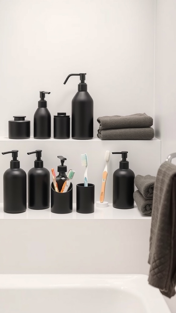 A modern black aesthetic bathroom with black toiletries and accessories arranged neatly on shelves