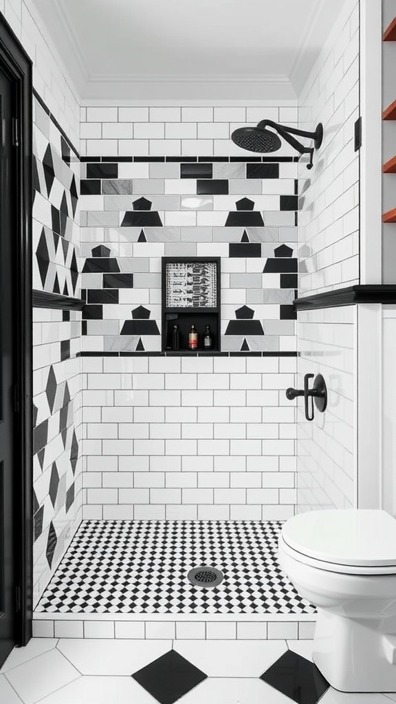 Farmhouse bathroom featuring bold black and white tile shower with geometric patterns and sleek fixtures.