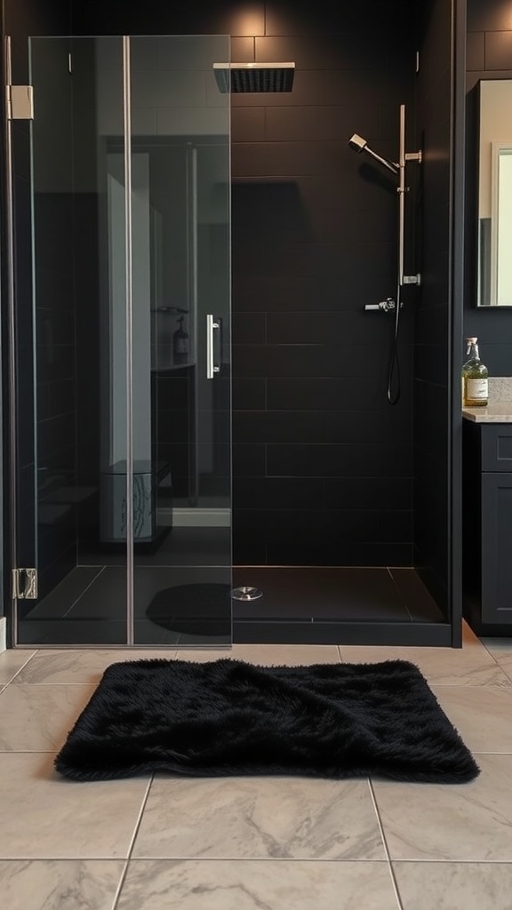 A black bathroom with a plush black floor mat in front of a glass shower.