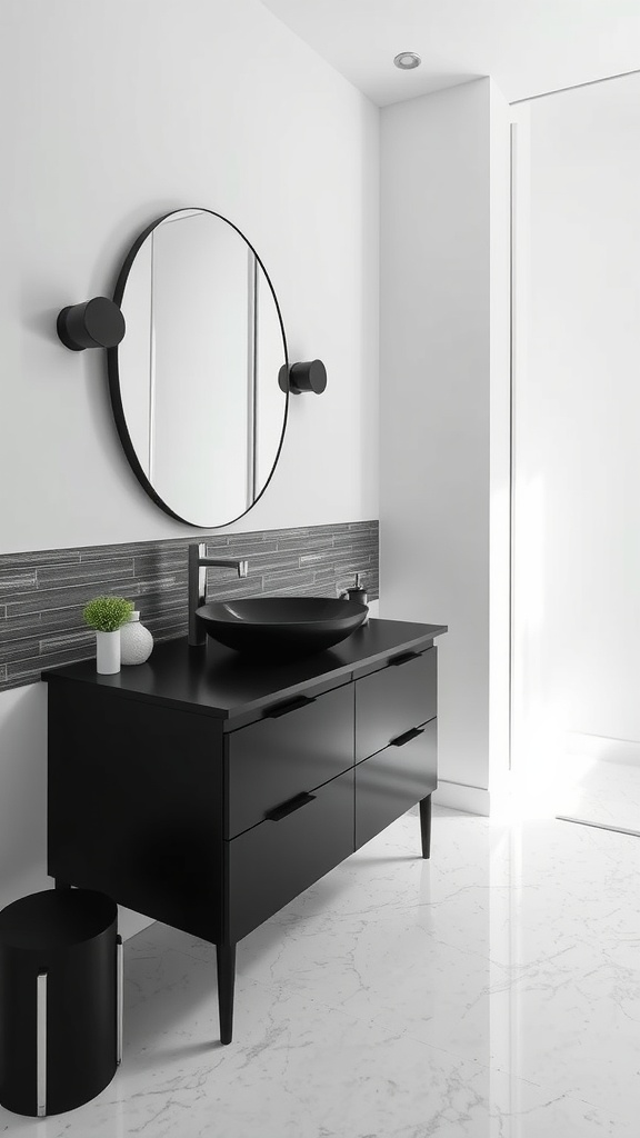 Modern black bathroom featuring a sleek black vanity with a round mirror and stylish bowl sink.