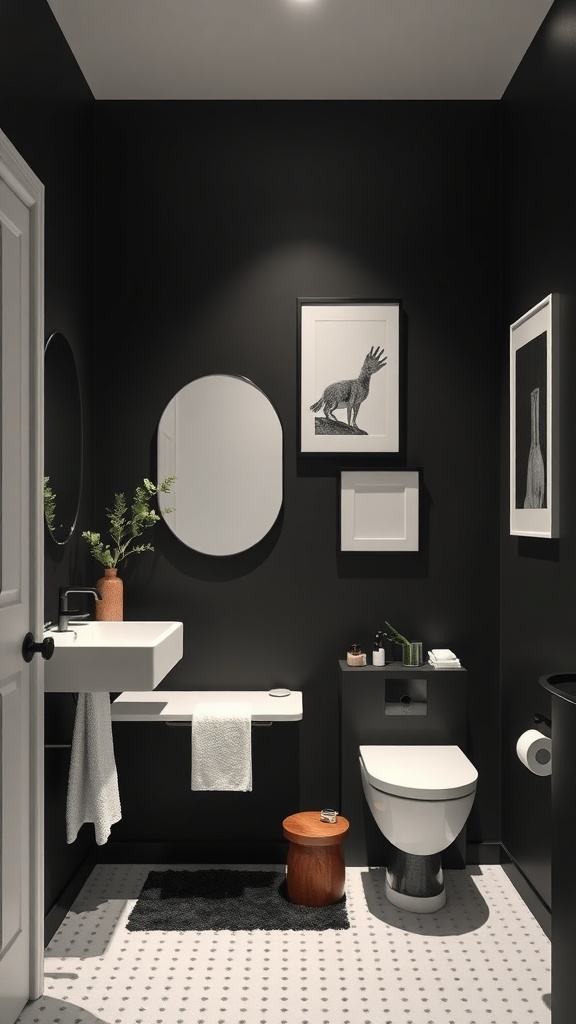 A stylish black aesthetic bathroom featuring black walls, white sink, wooden stool, and framed artwork.