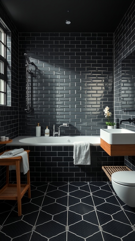 A modern bathroom featuring black geometric tiles on the walls and floor, with a bathtub, sink, and wooden accents.