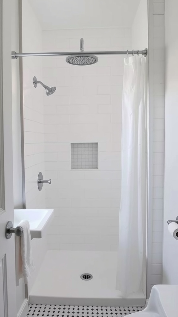 Bright white shaker style bathroom with a modern shower and black and white tile flooring