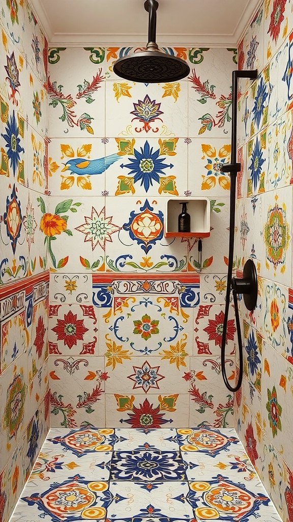 A colorful cement tile shower with floral patterns and a black showerhead.