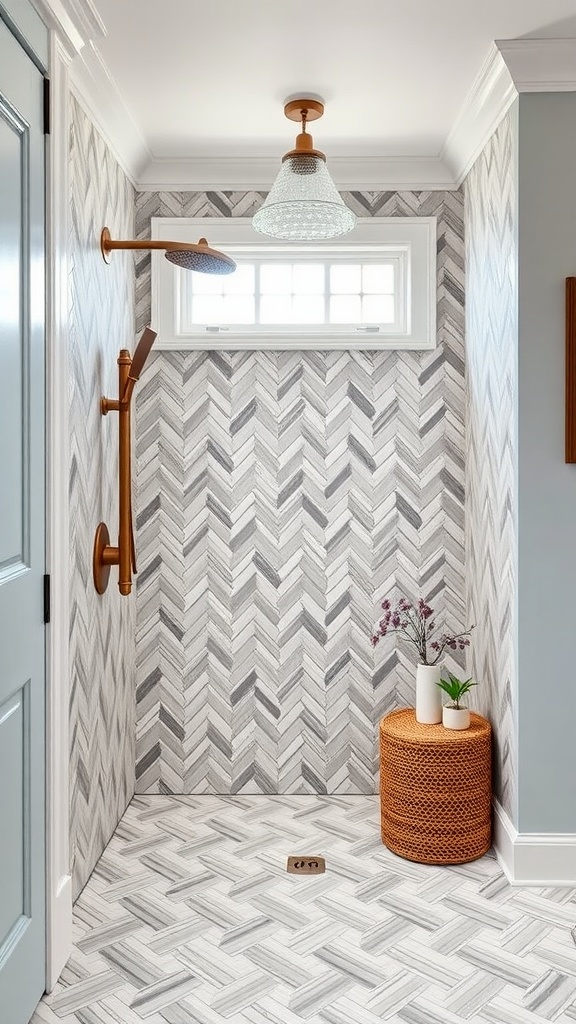 A bathroom shower area featuring chevron patterned tiles in gray tones, a shower head, and rustic decor.
