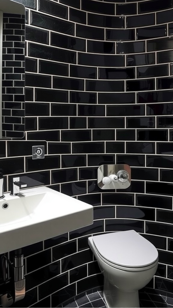 A modern bathroom featuring black tile accents on the walls, a white sink, and a white toilet.