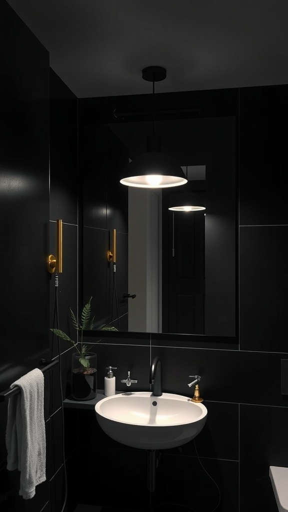 A chic black aesthetic bathroom featuring stylish lighting fixtures.