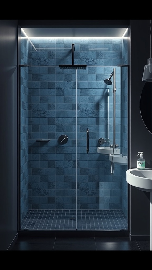 Chic shower design featuring glass panels and deep blue tiles.