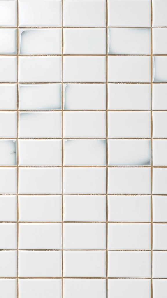 Close-up view of white tiles with black grout.