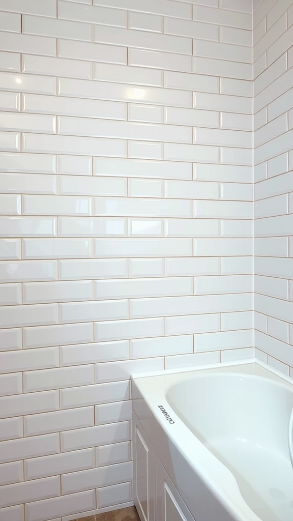 Bathroom with white subway tiles and black grout, featuring a bathtub and soft lighting.