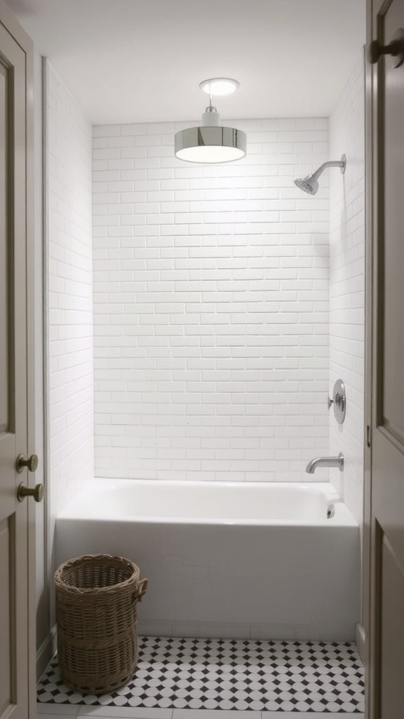 A farmhouse bathroom featuring classic subway tiles in white, a shower, and a patterned black and white floor