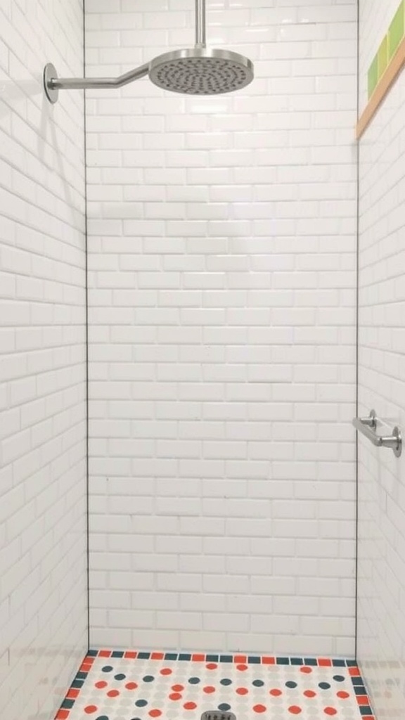 A farmhouse shower with white subway tiles and a colorful dotted floor