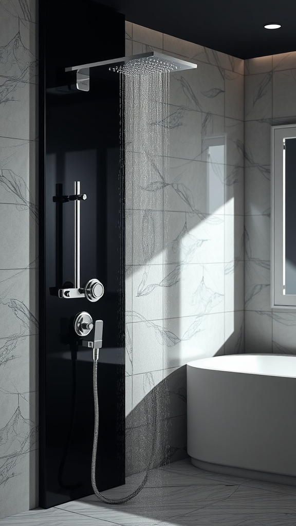 Modern black shower panel with rainfall showerhead and handheld shower option in a contemporary bathroom setting.