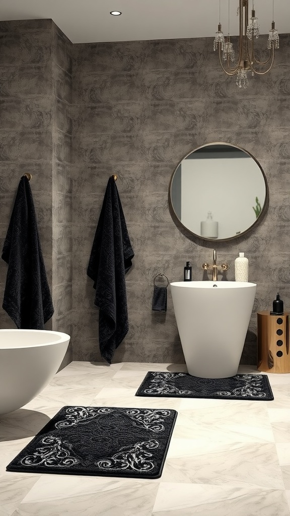 A stylish black and silver bathroom featuring black towels, rugs, and modern fixtures.