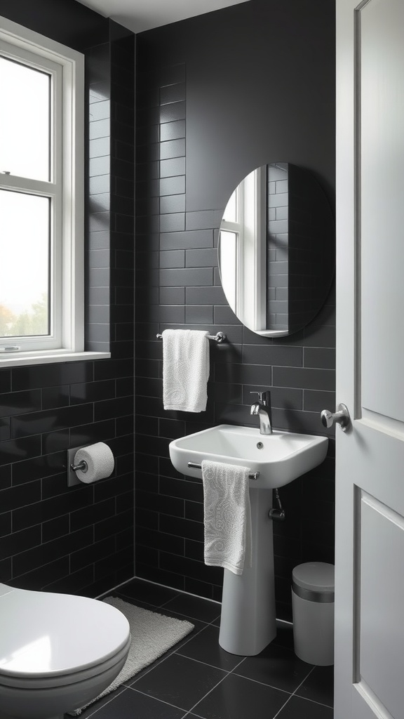 A modern black bathroom featuring white accents including a round mirror, sink, and towels.