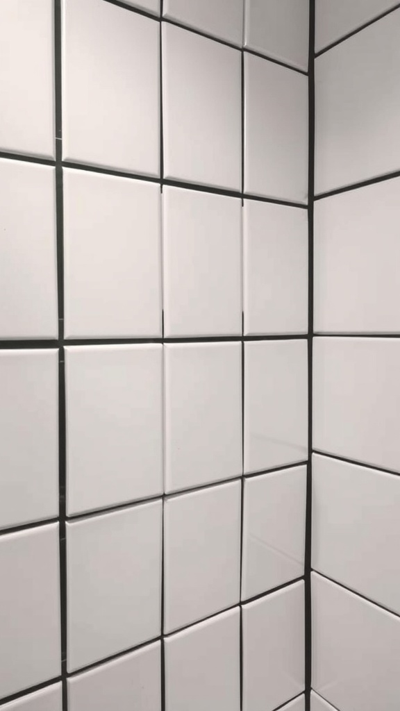 Bathroom wall with white tiles and black grout