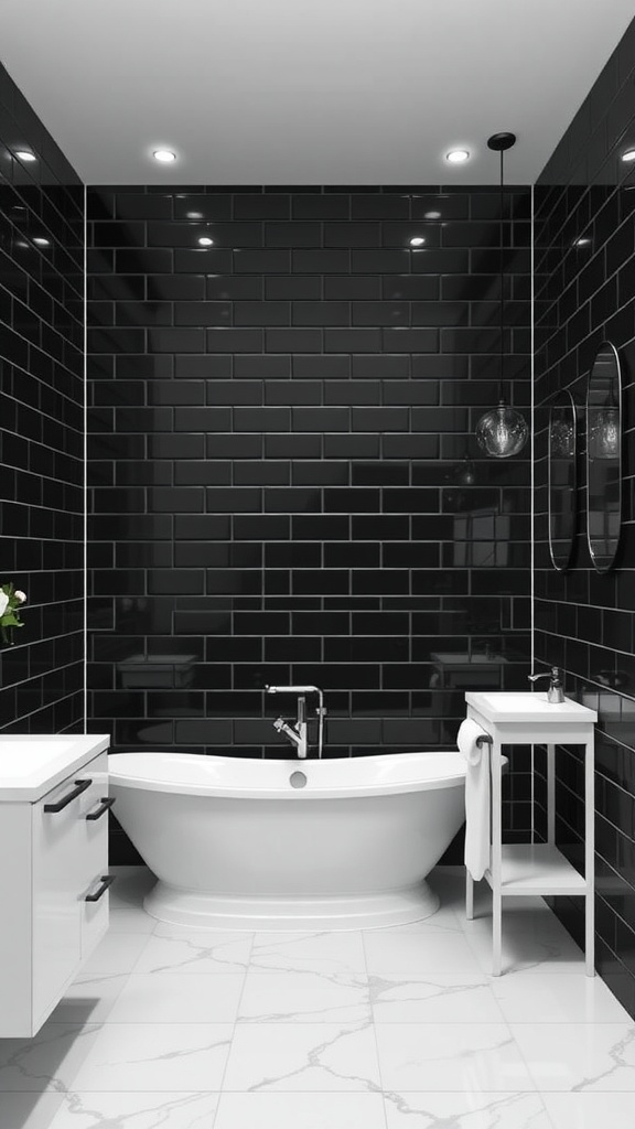A modern bathroom featuring black tile walls, a white freestanding bathtub, and contrasting white accents.