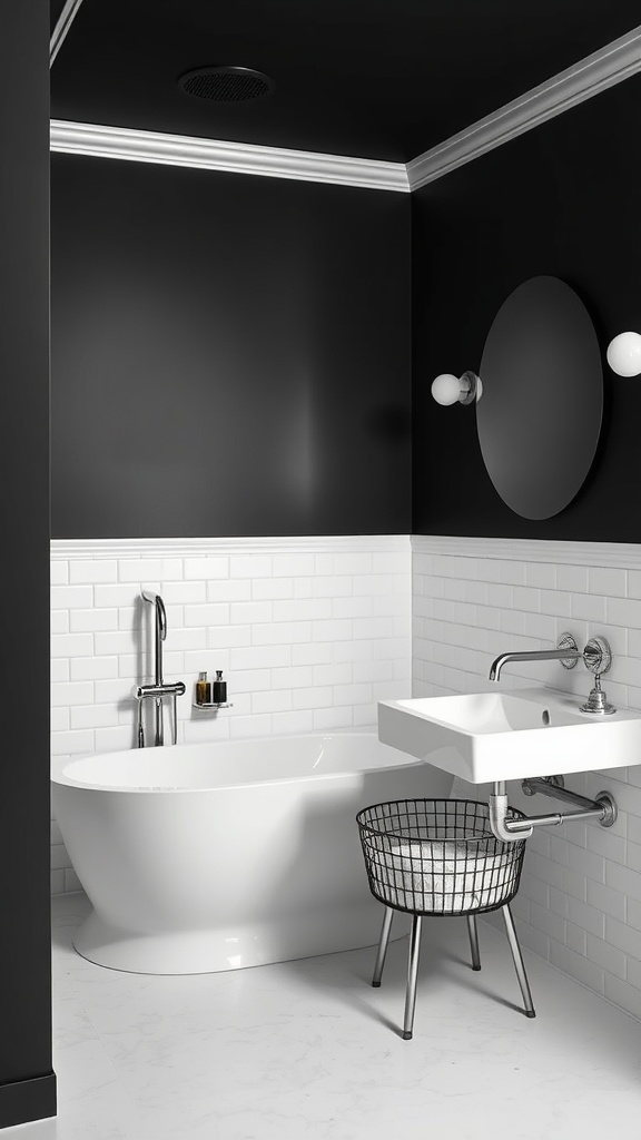 A modern black bathroom featuring white accents with a freestanding tub and minimalist sink.