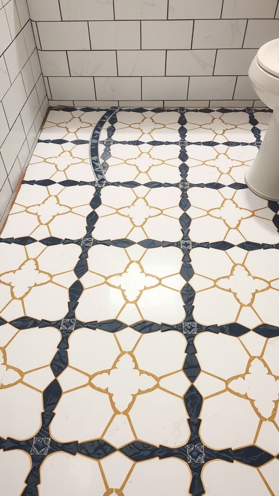 A bathroom floor featuring white tiles with a black grout pattern, creating a visually interesting design.