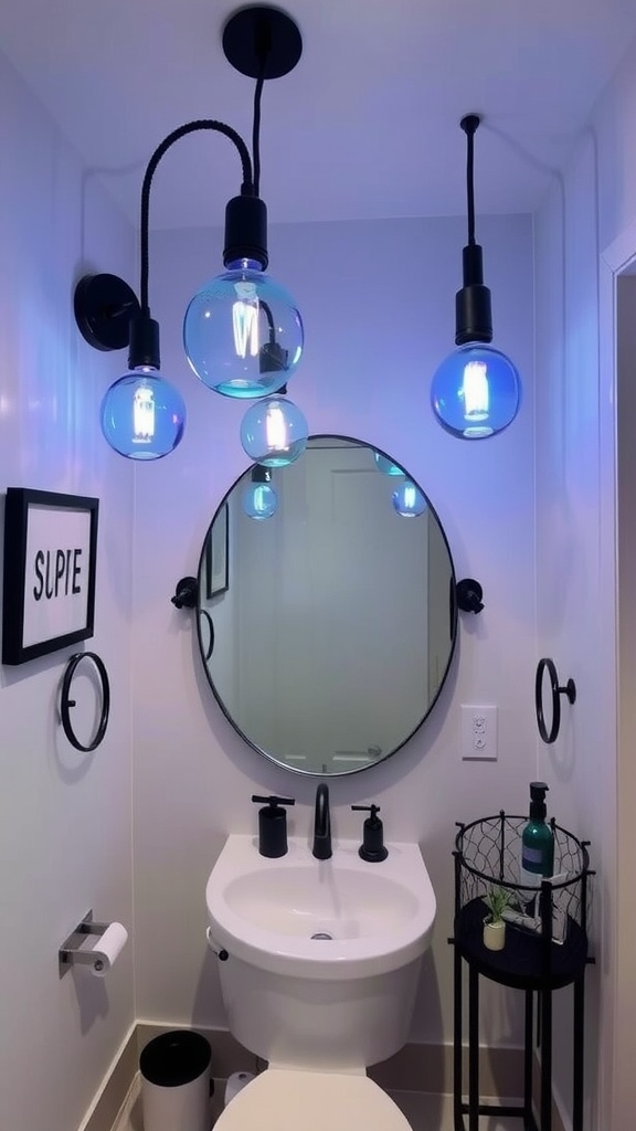 A blue and black bathroom featuring creative light fixtures with glass globes.