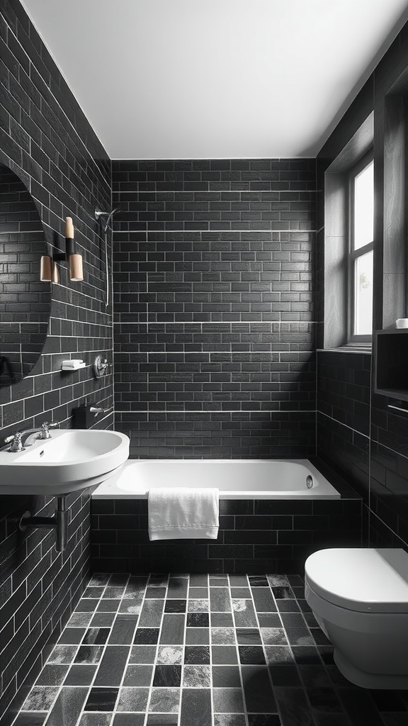 A modern black tile bathroom featuring a bathtub, sink, and toilet with stylish lighting.