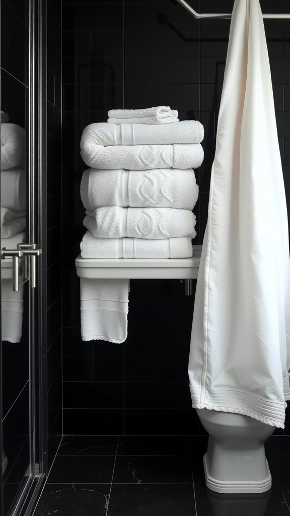 A stack of white towels in a modern black bathroom.