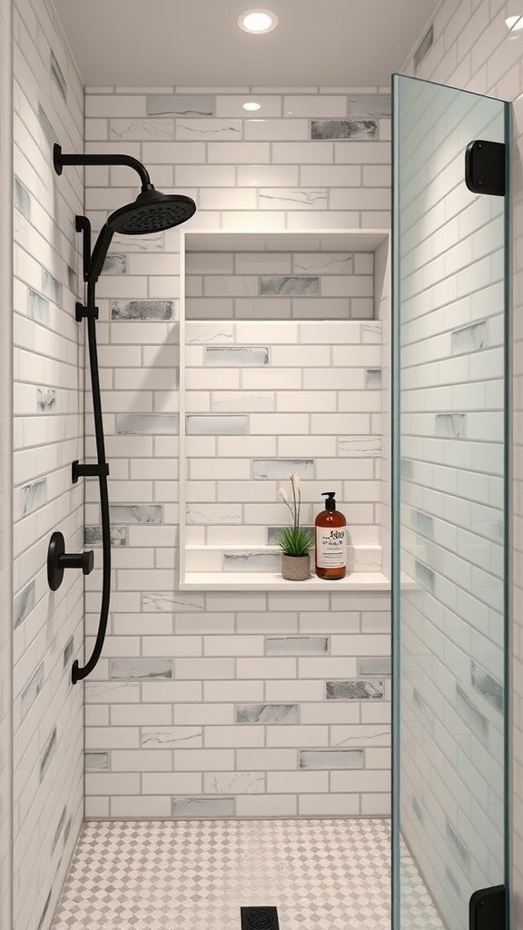 A modern farmhouse bathroom shower with a custom tiled niche, black fixtures, and a small plant.