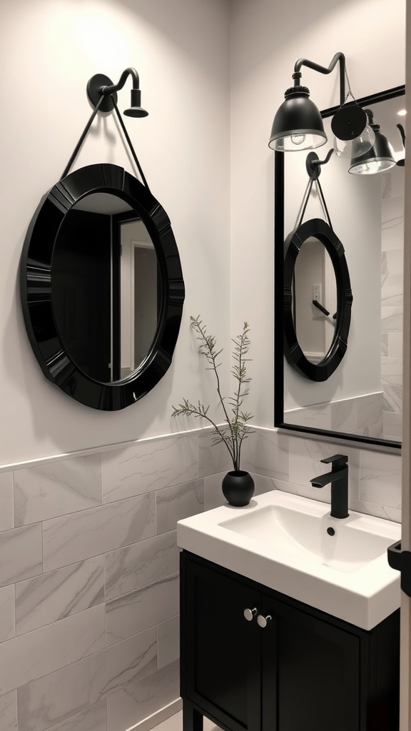 Modern black bathroom featuring decorative black mirrors and stylish fixtures