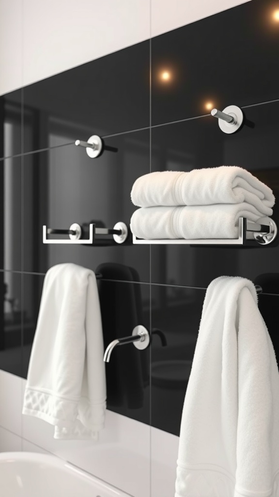 Decorative silver towel holders in a modern black bathroom