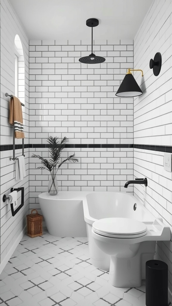 A modern bathroom with white subway tiles, black grout, and stylish fixtures.