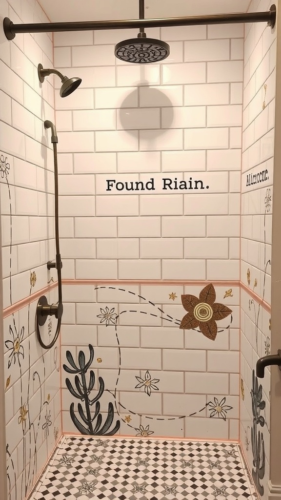 Shower with painted tile designs and floral accents