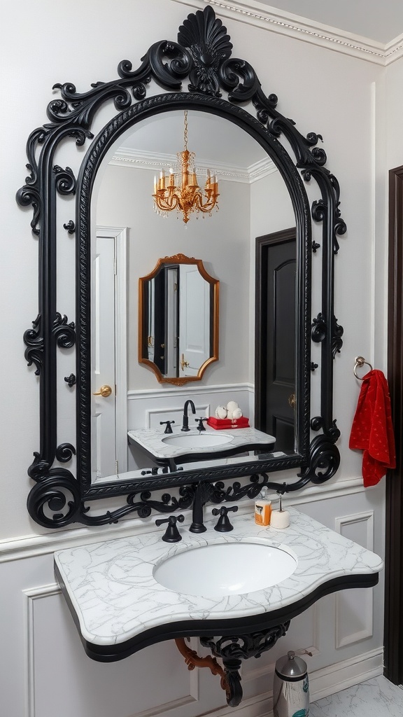 A black ornate mirror above a white marble sink in a stylish bathroom