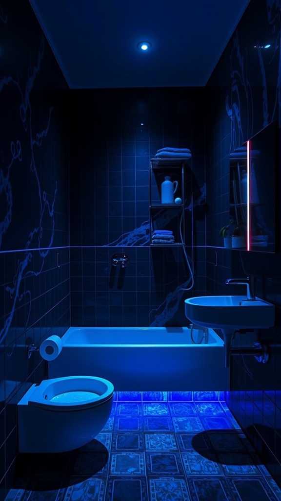 A blue and black bathroom showcasing dramatic lighting effects, with a glowing tub and stylish reflective surfaces.