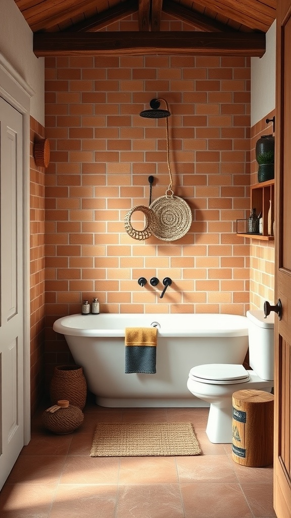 A farmhouse bathroom featuring earthy terracotta tiles, a white bathtub, and wooden accents.