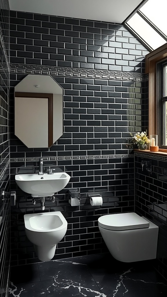 A stylish black tile bathroom featuring glossy black walls, a skylight, and modern fixtures