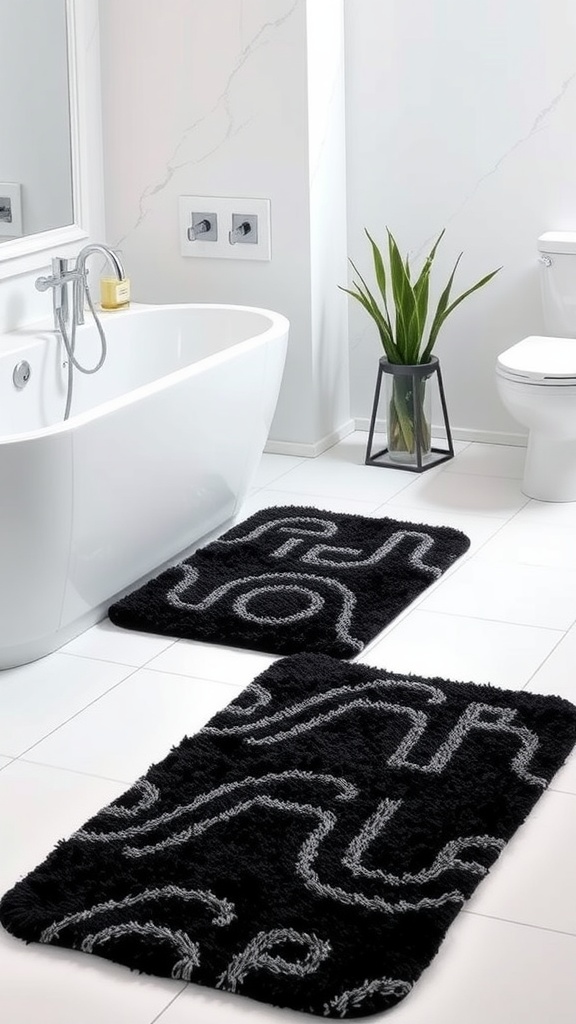 A modern bathroom featuring black and silver bath rugs in front of a bathtub.