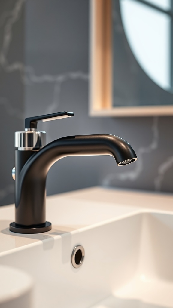 A close-up of a sleek black faucet with silver accents over a white sink, set against a dark marble wall.