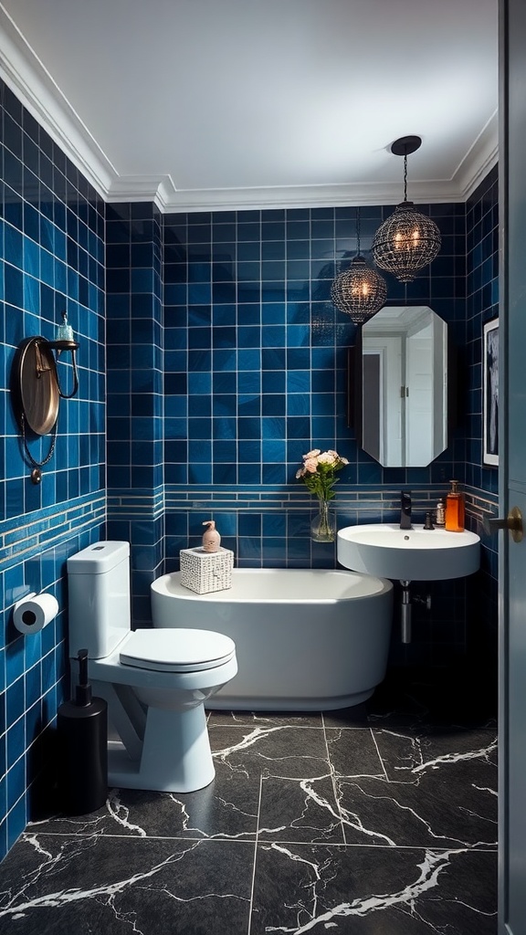 A modern bathroom featuring blue tiled walls, black marble flooring, and elegant fixtures.