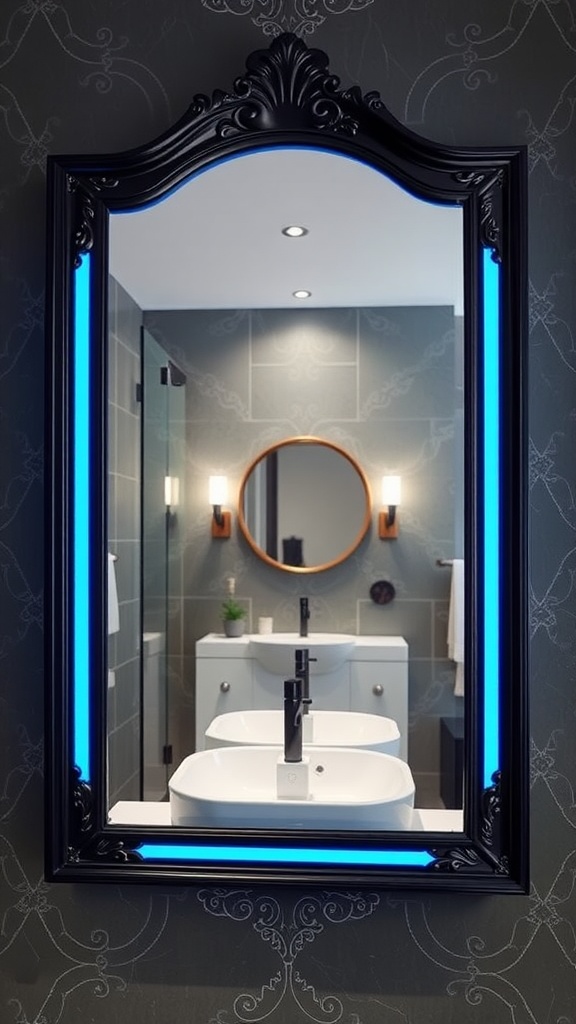 A stylish black framed mirror with blue lighting in a modern bathroom setting.