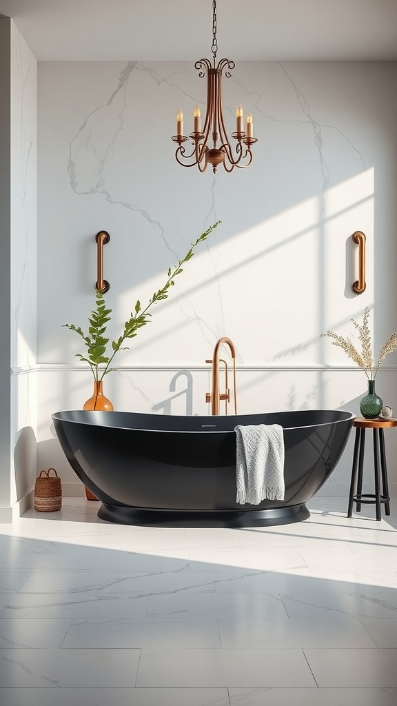 A modern bathroom featuring a freestanding black bathtub, marble walls, and decorative plants.