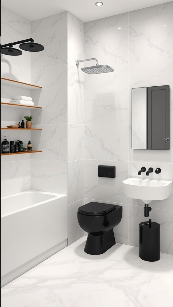 A modern black bathroom featuring a black toilet, sink, and accessories against marble walls.