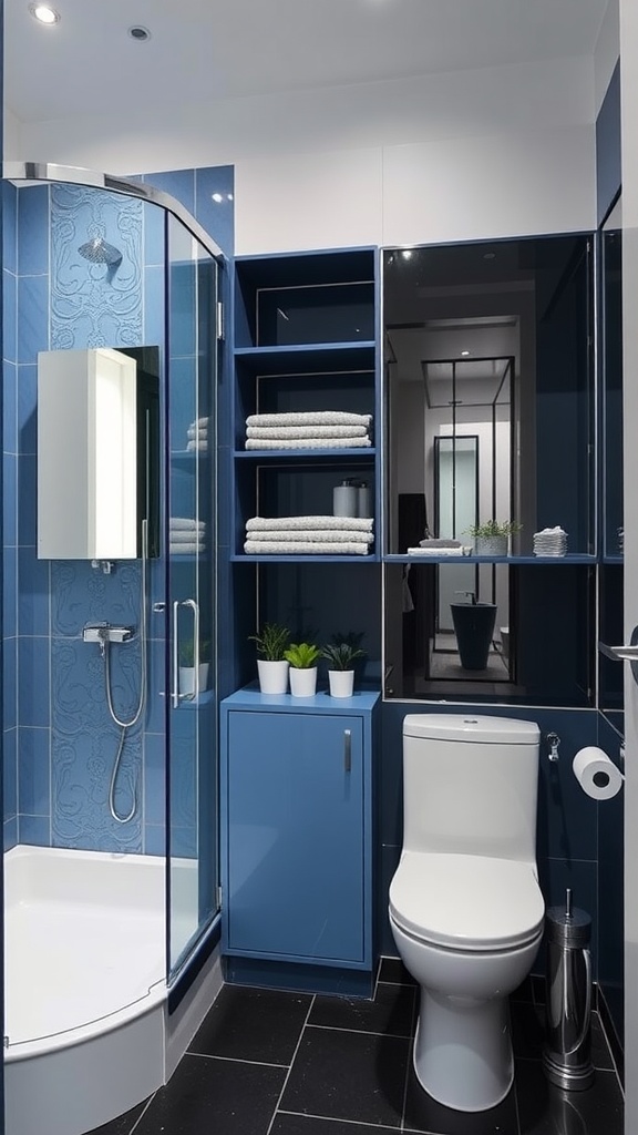 A modern blue and black bathroom with functional storage solutions, featuring open shelves and a closed cabinet.