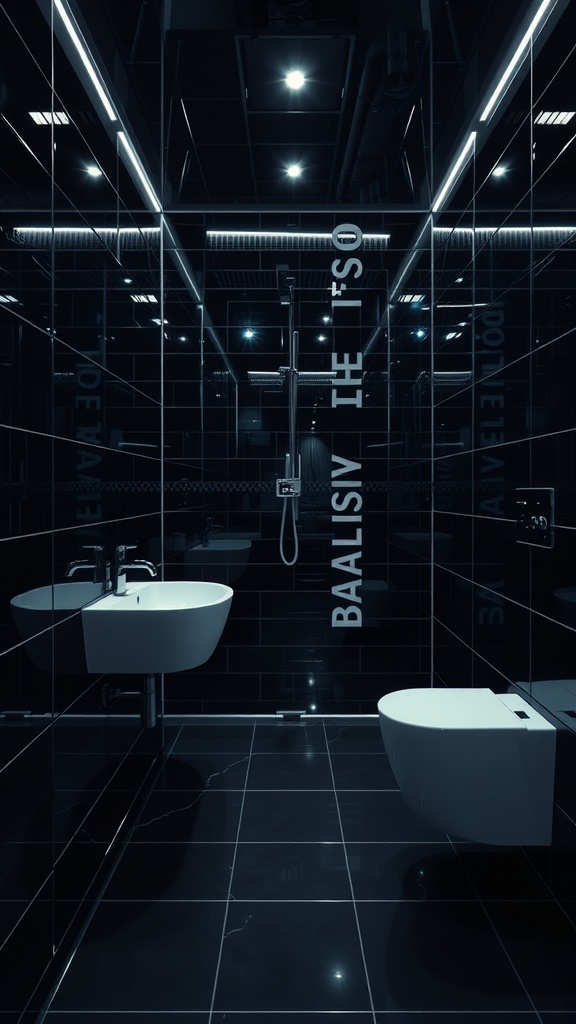 A modern bathroom featuring black glossy tiles and sleek fixtures