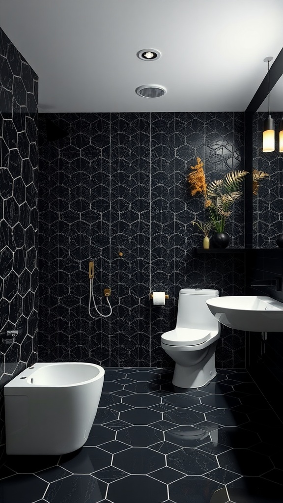 Modern black bathroom with geometric hexagonal tiles on walls and floor, white fixtures, and decorative plants.