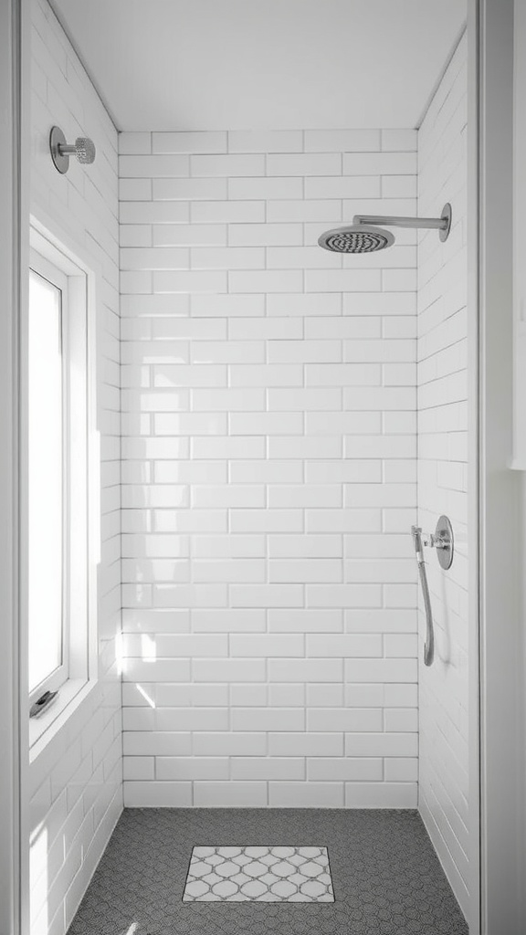 A modern shower with white subway tiles and a patterned floor