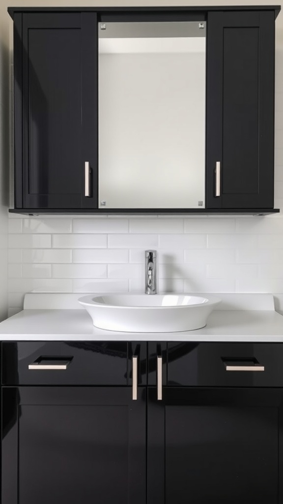 Glossy black bathroom cabinets with a white countertop and sink