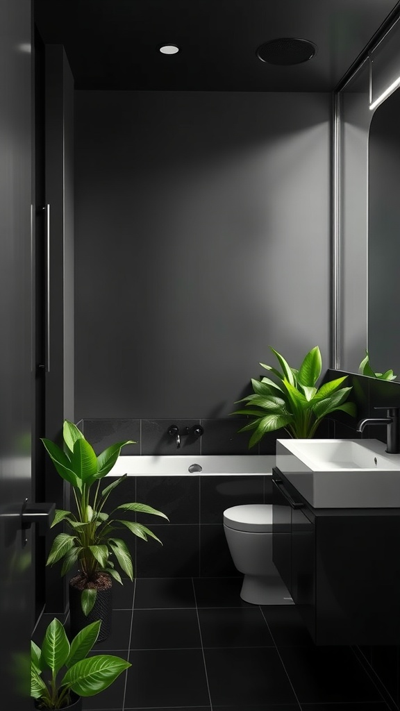 A modern black bathroom featuring greenery