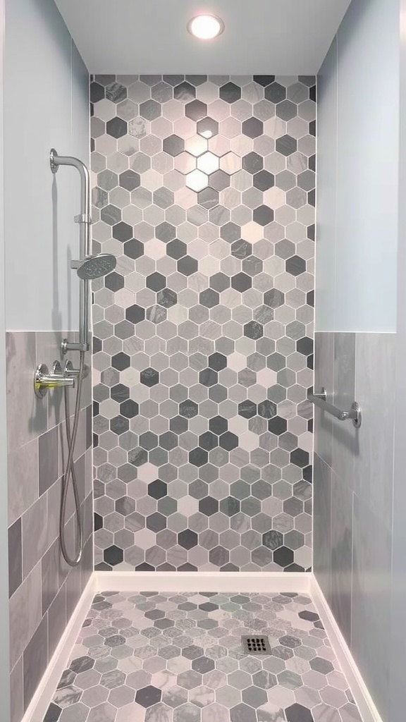 Shower featuring hexagon mosaic tiles in varying shades of gray