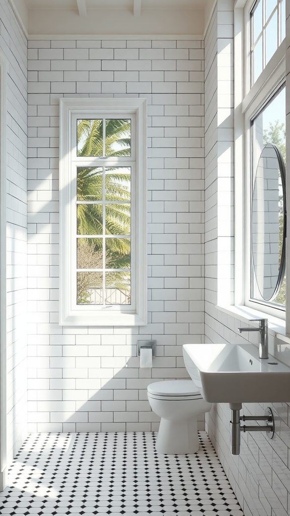 Bright bathroom with white tiles and black grout, featuring large windows that let in natural light.