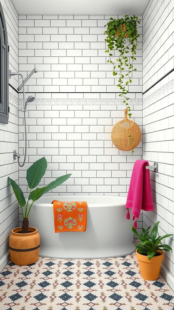 A modern bathroom with white tiles and black grout, featuring colorful decor including orange and pink towels and various plants.